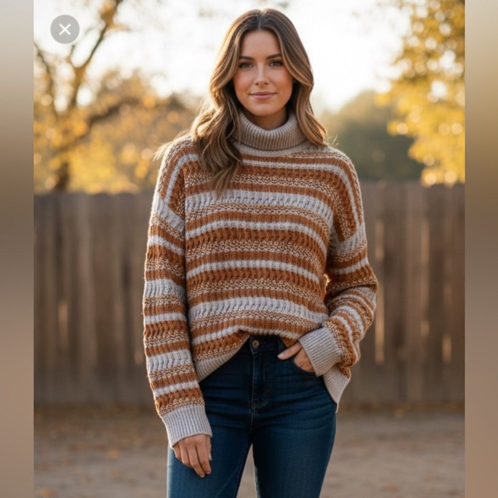Orvis Striped Cowl Neck Sweater in Brown and Cream